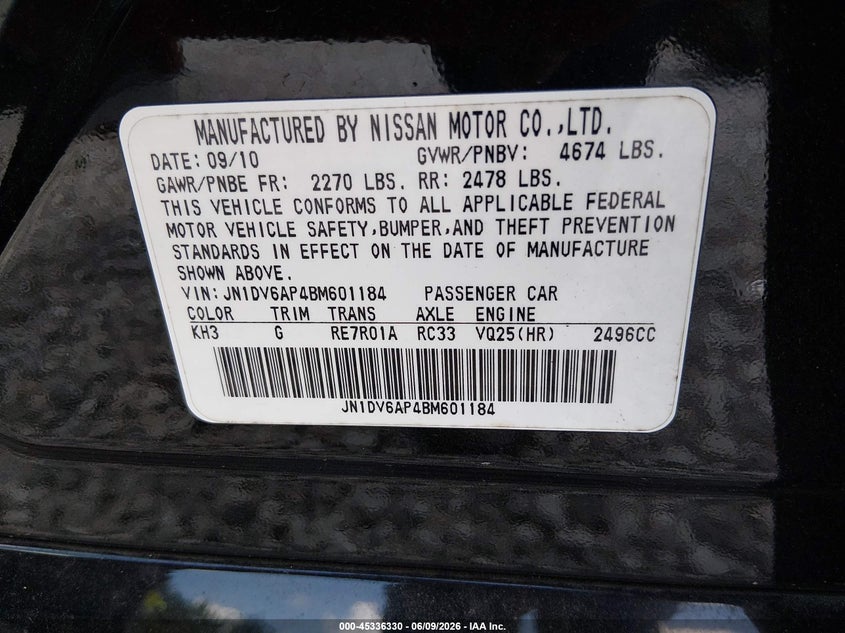 2011 Infiniti G25 VIN JN1DV6AP4BM601184 IAAI salvage auction — FRONT END, Salvage (Alabama), sold $350 on 2026-07-20 (photo 9)