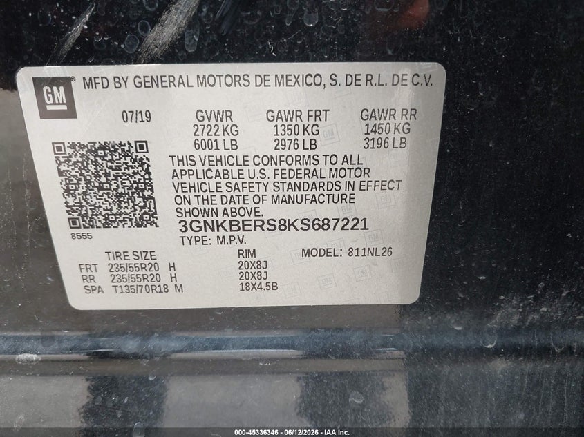 2019 Chevrolet Blazer VIN 3GNKBERS8KS687221 IAAI salvage auction — HAIL, Original (Texas), sold $8,900 on 2026-08-19 (photo 9)