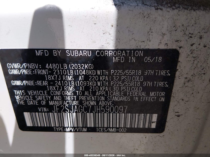 2018 Subaru Forester VIN JF2SJAGC7JH590097 IAAI salvage auction — NORMAL WEAR, Clear (New Jersey), sold $3,000 on 2026-07-14 (photo 9)