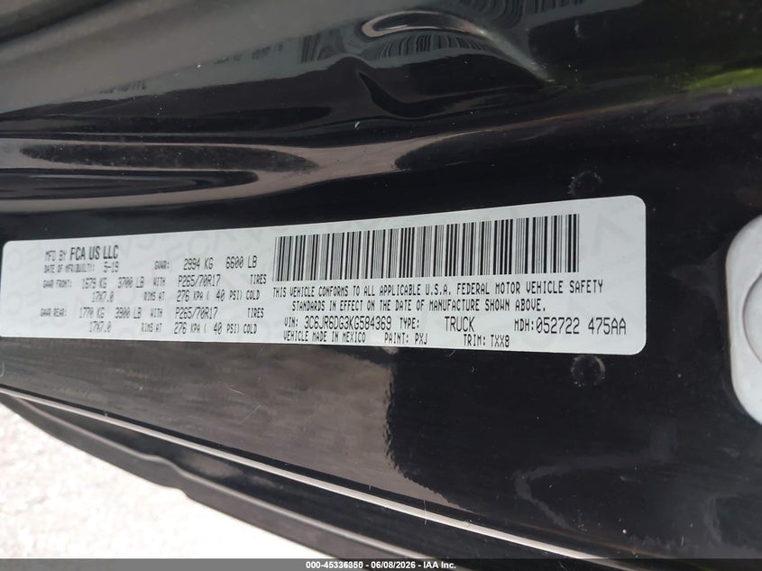 2019 Ram 1500 VIN 3C6JR6DG3KG584369 IAAI salvage auction — NORMAL WEAR, Sf97 (Maryland), sold $8,700 on 2026-07-31 (photo 9)