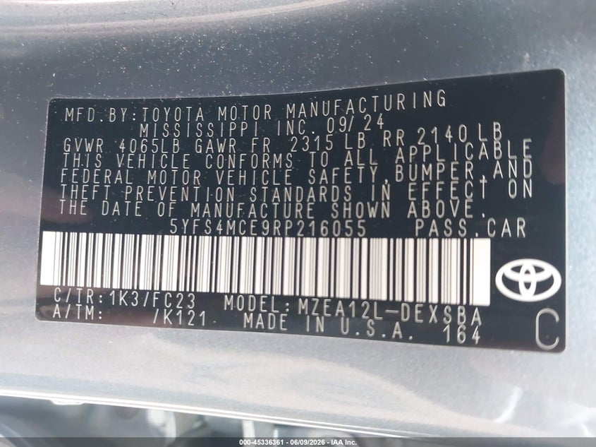 2024 Toyota Corolla VIN 5YFS4MCE9RP216055 IAAI salvage auction — FRONT END, Salvage Title, sold $7,450 on 2026-07-06 (photo 9)