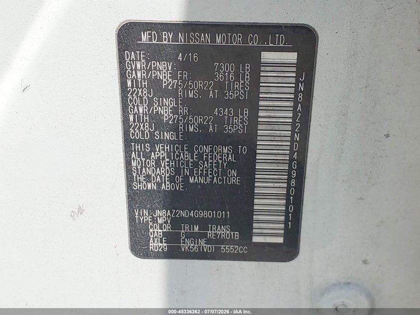 2016 Infiniti Qx80 VIN JN8AZ2ND4G9801011 IAAI salvage auction — REPOSSESSION, Nrc Lienholder Repossession Paperwork (Louisiana), sold $1,450 on 2026-07-28 (photo 9)