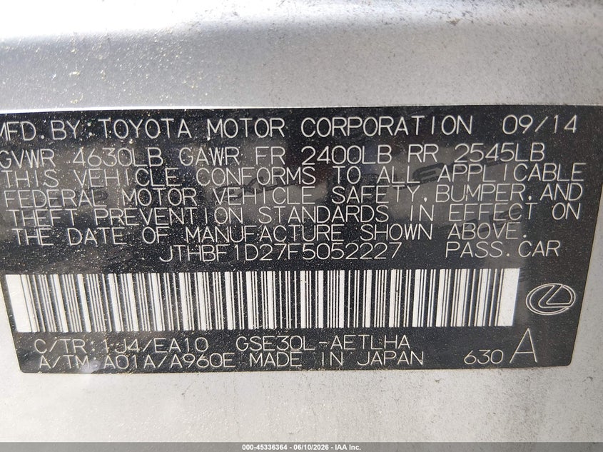 2015 Lexus Is VIN JTHBF1D27F5052227 IAAI salvage auction — ALL OVER, Salvage Title, sold $25 on 2026-07-28 (photo 9)