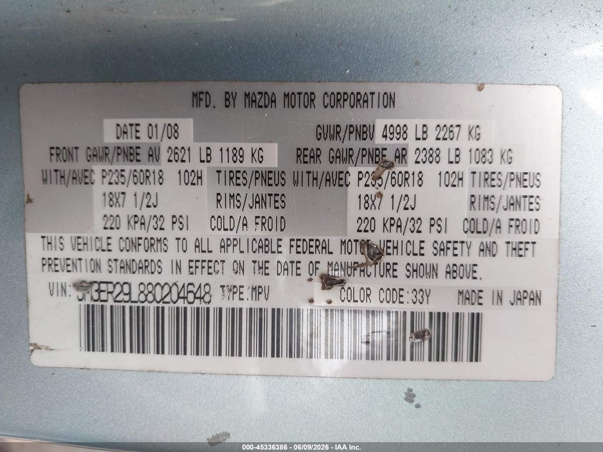 2008 Mazda Cx-7 VIN JM3ER29L880204648 IAAI salvage auction — NORMAL WEAR, Clear (Maryland), sold $475 on 2026-07-21 (photo 9)