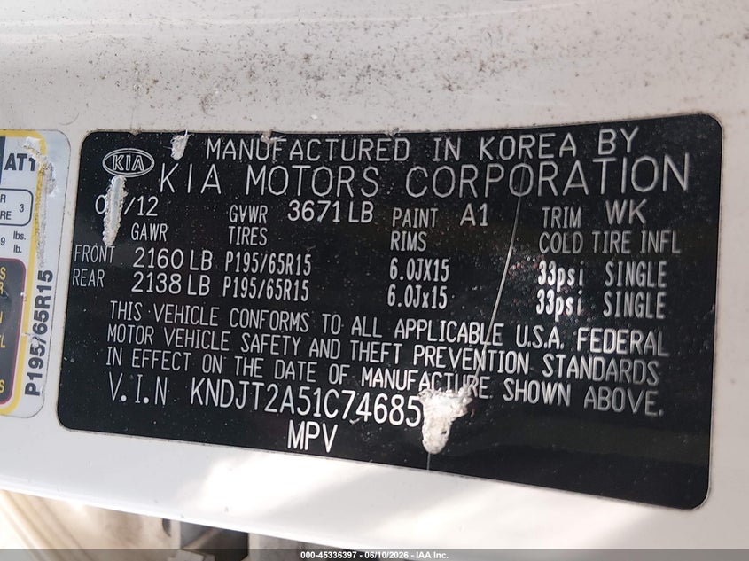 2012 Kia Soul VIN KNDJT2A51C7468512 IAAI salvage auction — NORMAL WEAR, Clear (Maryland), sold $175 on 2026-07-08 (photo 9)