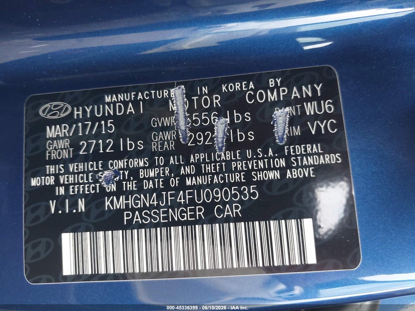 2015 Hyundai Genesis VIN KMHGN4JF4FU090535 IAAI salvage auction — LEFT REAR, Salvage (Virginia), sold $3,100 on 2026-07-07 (photo 9)