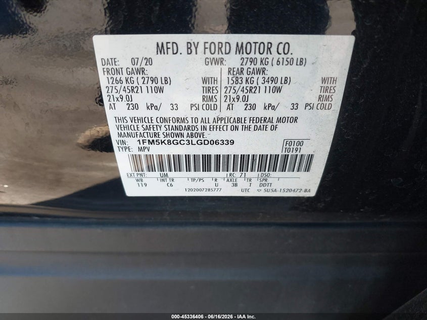 2020 Ford Explorer VIN 1FM5K8GC3LGD06339 IAAI salvage auction — FRONT & REAR, Salvage Title, sold $6,500 on 2026-07-31 (photo 9)
