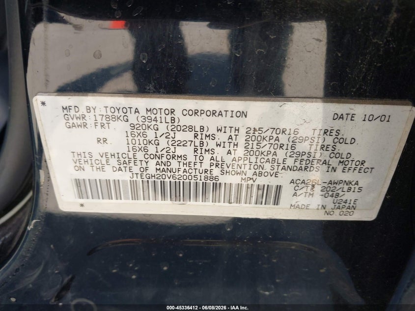 2002 Toyota Rav 4 VIN JTEGH20V620051886 IAAI salvage auction — NORMAL WEAR, Clear - Dealer Only (California), sold $350 on 2026-07-06 (photo 9)