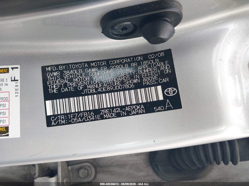 2009 Toyota Corolla VIN JTDBL40E89J007806 IAAI salvage auction — RIGHT FRONT, Salvage (Georgia), sold $1,100 on 2026-07-29 (photo 9)