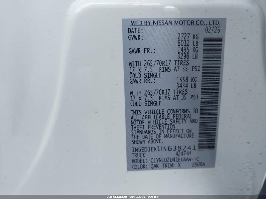 2026 Nissan Frontier VIN 1N6ED1EK1TN638241 IAAI salvage auction — RIGHT REAR, Enterprise Vehicles Clear Only (Texas), sold $25,900 on 2026-07-07 (photo 9)