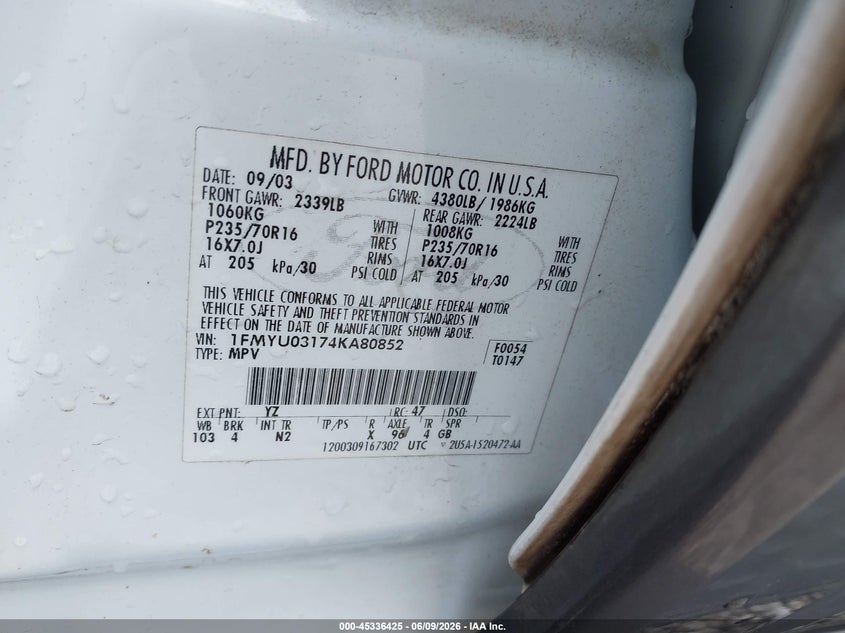 2004 Ford Escape VIN 1FMYU03174KA80852 IAAI salvage auction — NORMAL WEAR, Clear (Alabama), sold $325 on 2026-07-09 (photo 9)
