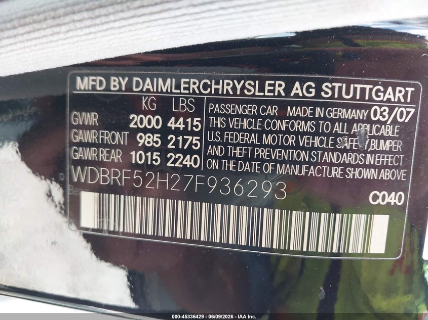 2007 Mercedes-benz C class VIN WDBRF52H27F936293 IAAI salvage auction — HAIL, Original (Texas), sold $600 on 2026-07-29 (photo 9)