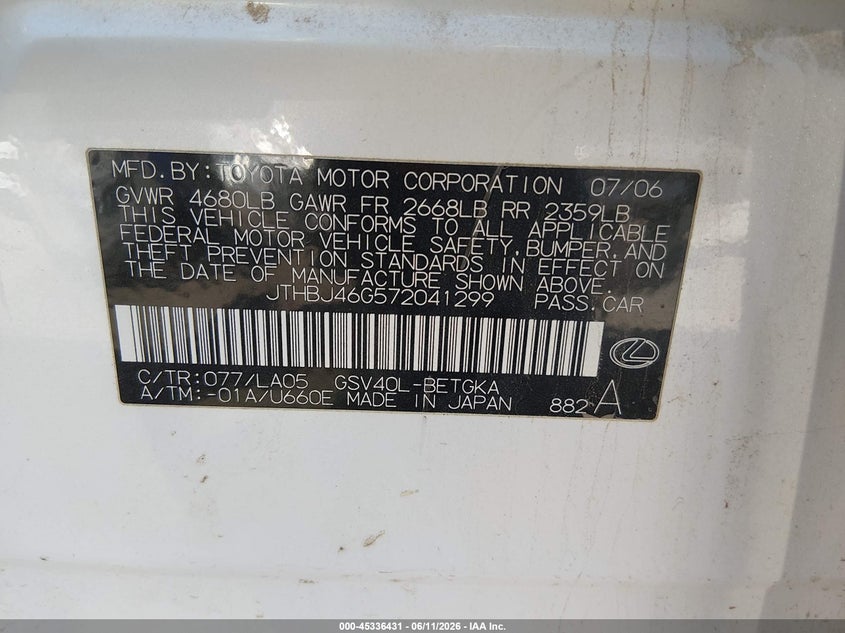 2007 Lexus Es 350 VIN JTHBJ46G572041299 IAAI salvage auction — RIGHT REAR, Salvage (Kansas), sold $750 on 2026-07-17 (photo 9)