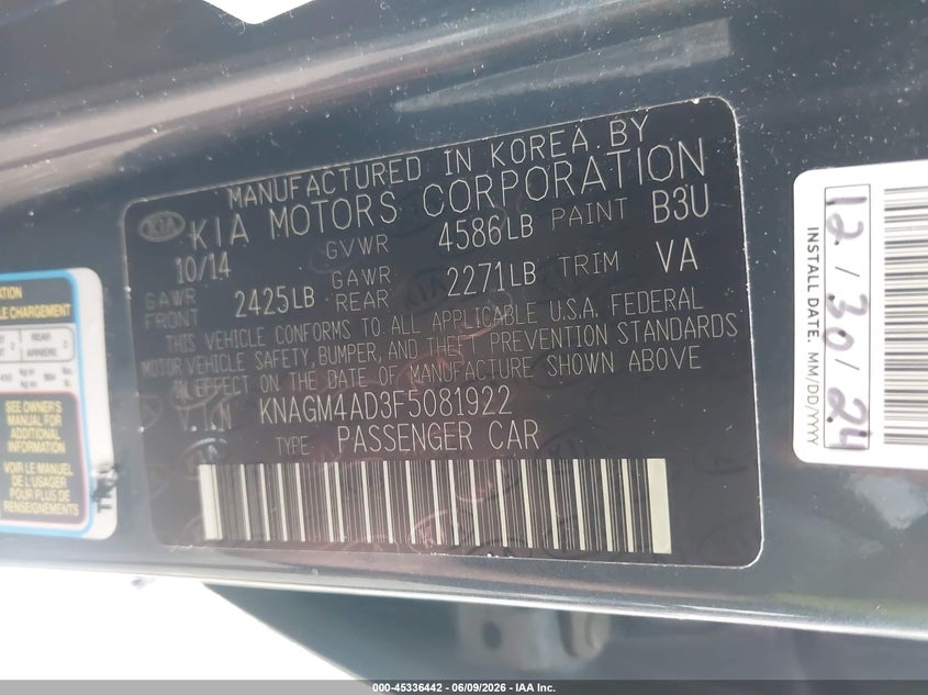 2015 Kia Optima VIN KNAGM4AD3F5081922 IAAI salvage auction — NORMAL WEAR, Clear (Indiana), sold $350 on 2026-07-22 (photo 9)