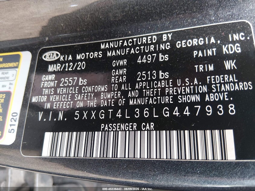 2020 Kia Optima VIN 5XXGT4L36LG447938 IAAI salvage auction — FRONT END, Salvage Title, sold $25 on 2026-07-21 (photo 9)