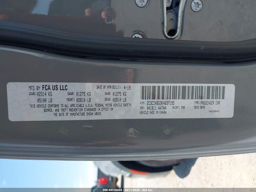 2019 Dodge Charger VIN 2C3CDXBG3KH637195 IAAI salvage auction — NORMAL WEAR, SF97 (California), sold $10,100 on 2026-07-28 (photo 9)