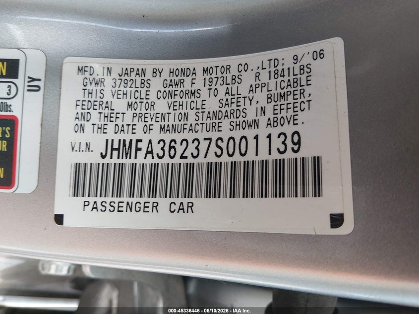 2007 Honda Civic hybrid VIN JHMFA36237S001139 IAAI salvage auction — FRONT END, Clear (Indiana), sold $450 on 2026-07-22 (photo 9)