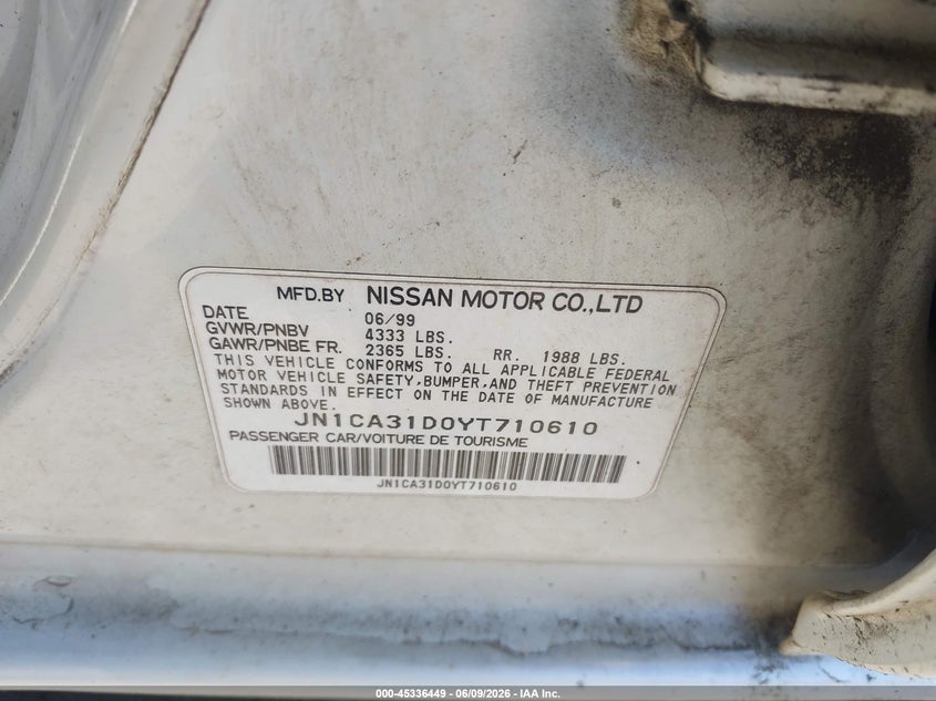 2000 Nissan Maxima VIN JN1CA31D0YT710610 IAAI salvage auction — NORMAL WEAR, Clear (New York), sold $475 on 2026-07-07 (photo 9)
