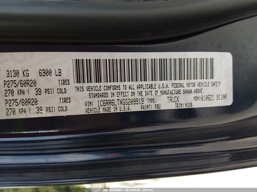 2016 Ram 1500 VIN 1C6RR6LTXGS209919 IAAI salvage auction — FRONT END, Salvage Title, sold $1,750 on 2026-08-03 (photo 9)