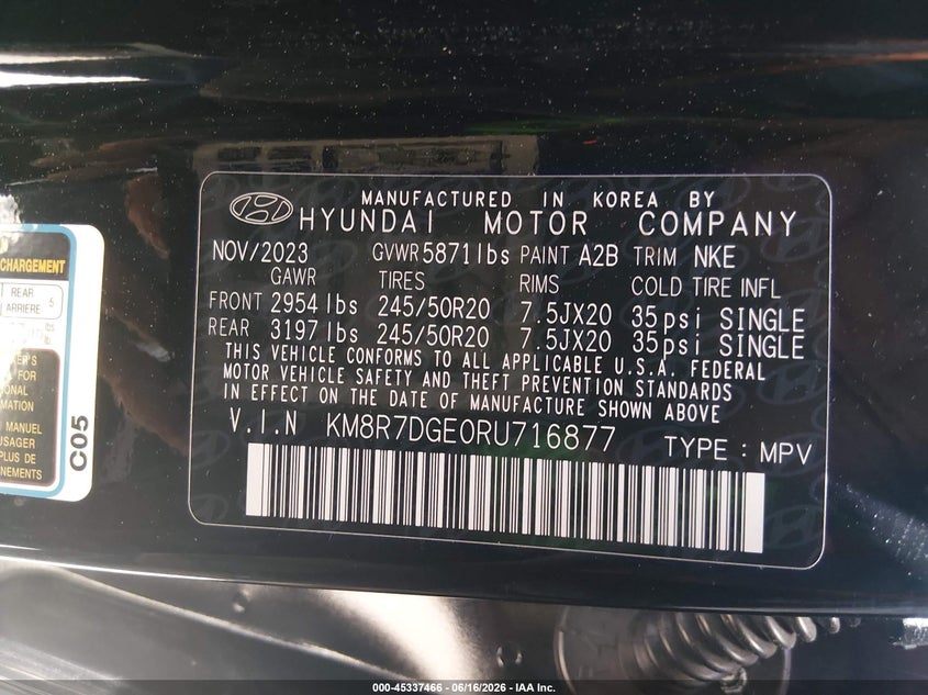 2024 Hyundai Palisade VIN KM8R7DGE0RU716877 IAAI salvage auction — REAR END, Salvage - 75% Or Less (Maryland), sold $7,600 on 2026-07-29 (photo 9)