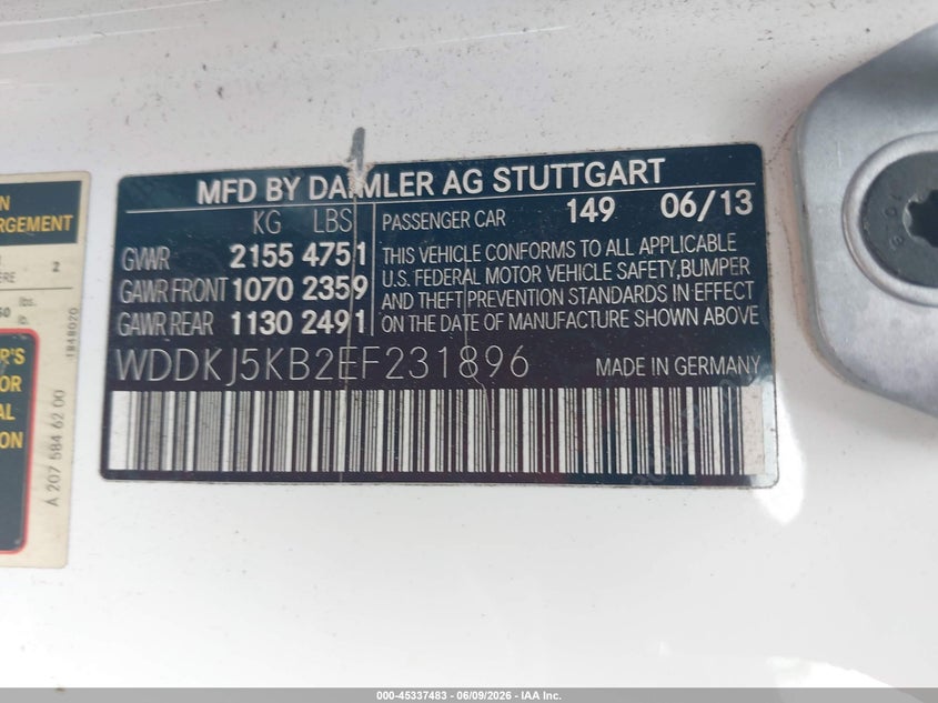 2014 Mercedes-benz E-klasse VIN WDDKJ5KB2EF231896 IAAI salvage auction — FRONT END, Salvage Title, sold $1,400 on 2026-07-16 (photo 9)