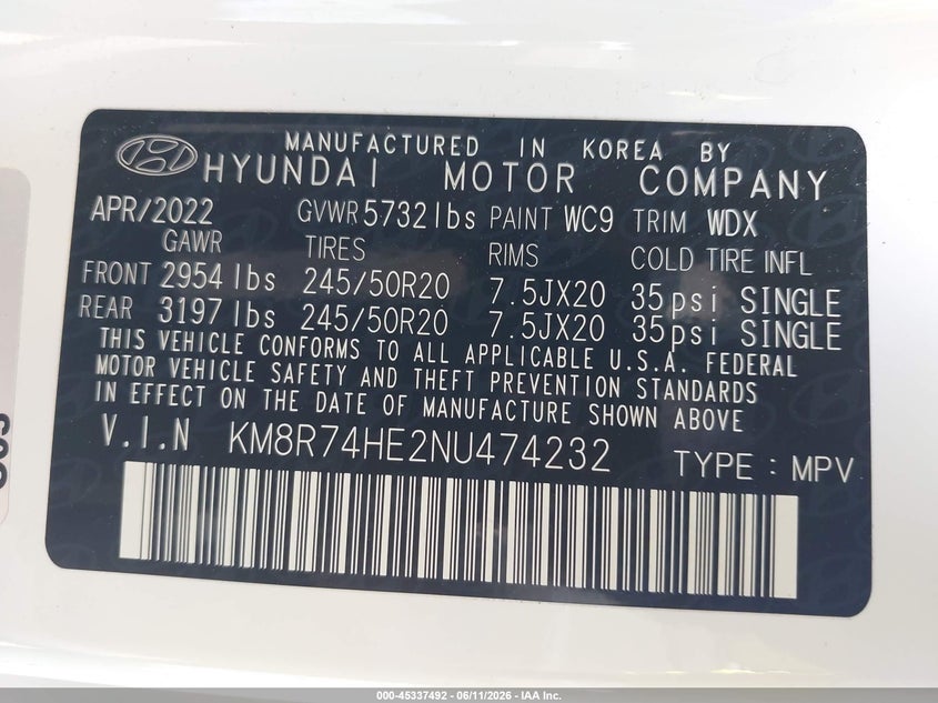 2022 Hyundai Palisade VIN KM8R74HE2NU474232 IAAI salvage auction — RIGHT SIDE, Salvage (Georgia), sold $3,150 on 2026-07-30 (photo 9)