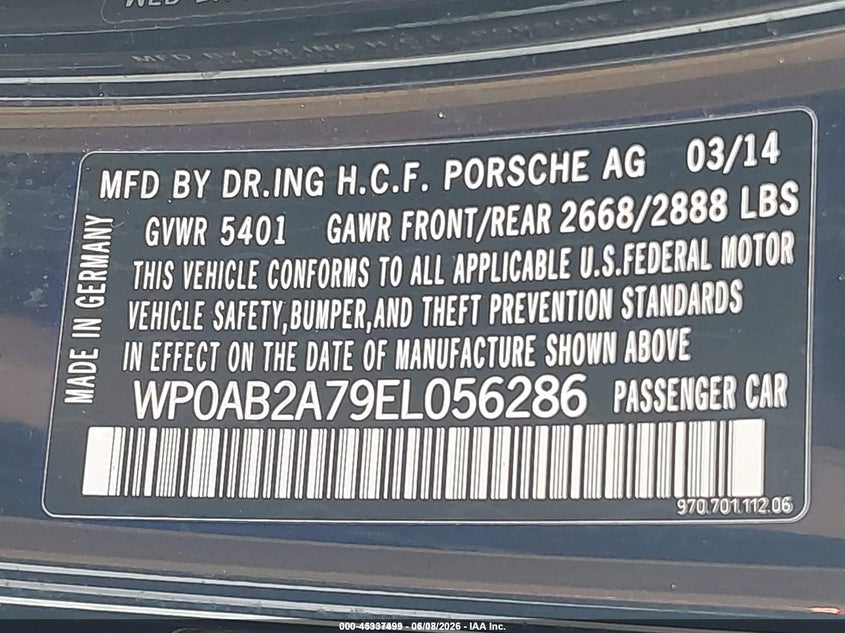 2014 Porsche Panamera VIN WP0AB2A79EL056286 IAAI salvage auction — TRANSMISSION, Clear (Alabama), sold $4,450 on 2026-07-23 (photo 9)