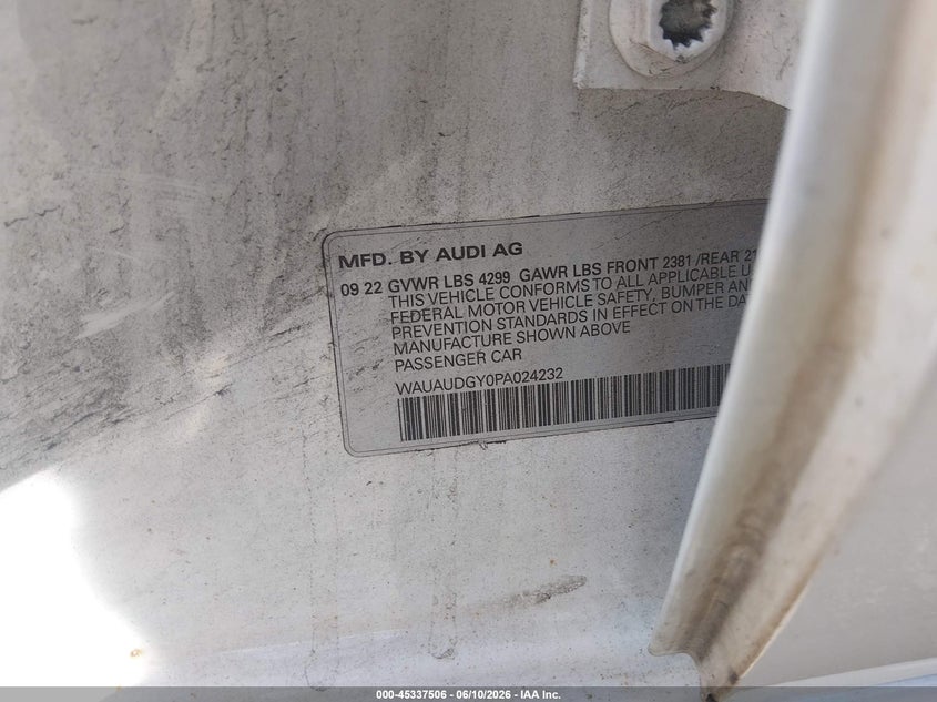 2023 Audi A3 VIN WAUAUDGY0PA024232 IAAI salvage auction — FRAME DAMAGE, Salvage Title, sold $7,200 on 2026-08-20 (photo 9)