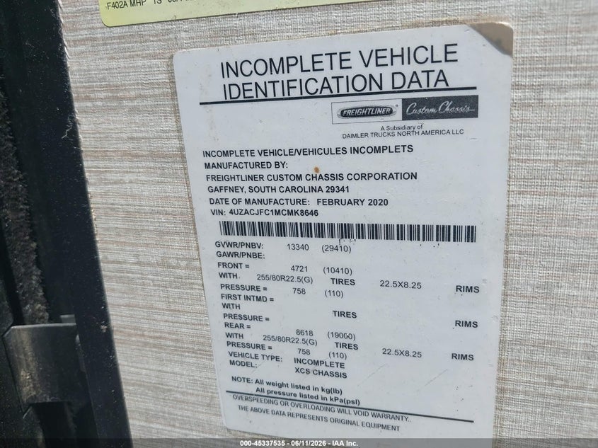 2021 Winnebago Freightliner chassis VIN 4UZACJFC1MCMK8646 IAAI salvage auction — WATER/FLOOD, Salvage (North Carolina), sold $32,250 on 2026-08-12 (photo 9)