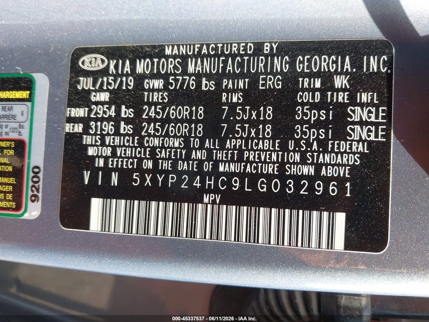 2020 Kia Telluride VIN 5XYP24HC9LG032961 IAAI salvage auction — RIGHT SIDE, Salvage (Tennessee), sold $3,350 on 2026-07-16 (photo 9)
