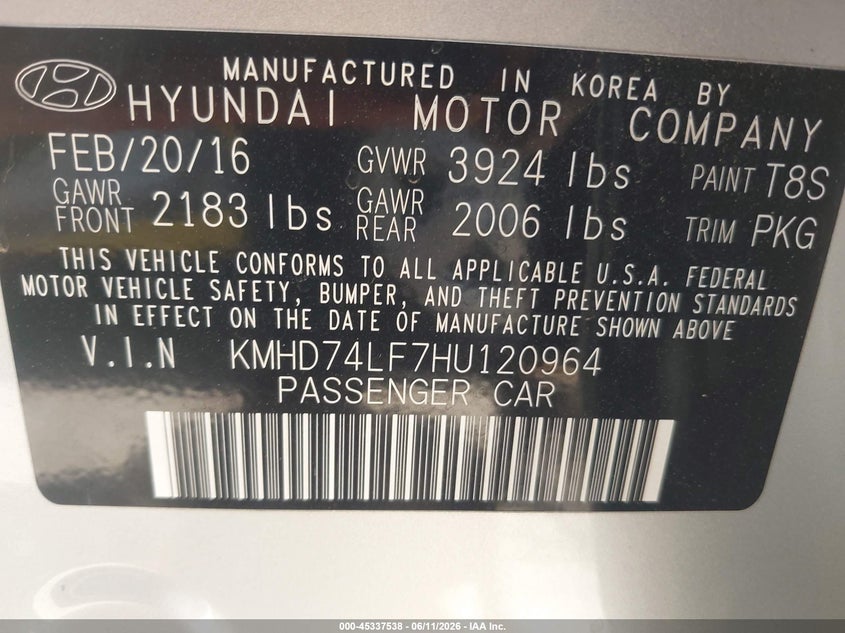 2017 Hyundai Elantra VIN KMHD74LF7HU120964 IAAI salvage auction — UNKNOWN, Salvage (Arizona), sold $1,850 on 2026-07-07 (photo 9)