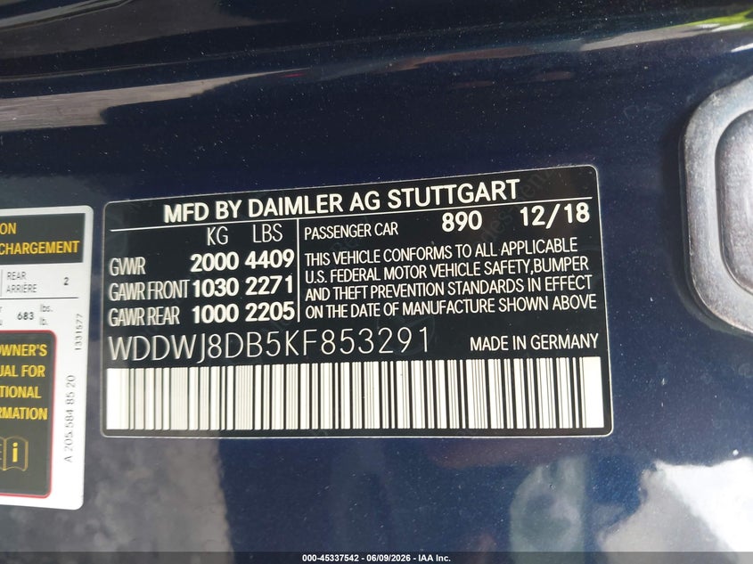 2019 Mercedes-benz C-klasse VIN WDDWJ8DB5KF853291 IAAI salvage auction — FRONT END, Salvage (Georgia), sold $7,100 on 2026-08-06 (photo 9)