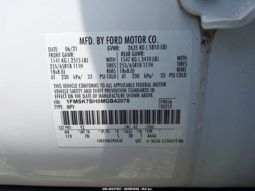 2021 Ford Explorer VIN 1FMSK7BH0MGB42078 IAAI salvage auction — FRONT END, Salvage (Georgia), sold $5,300 on 2026-07-19 (photo 9)