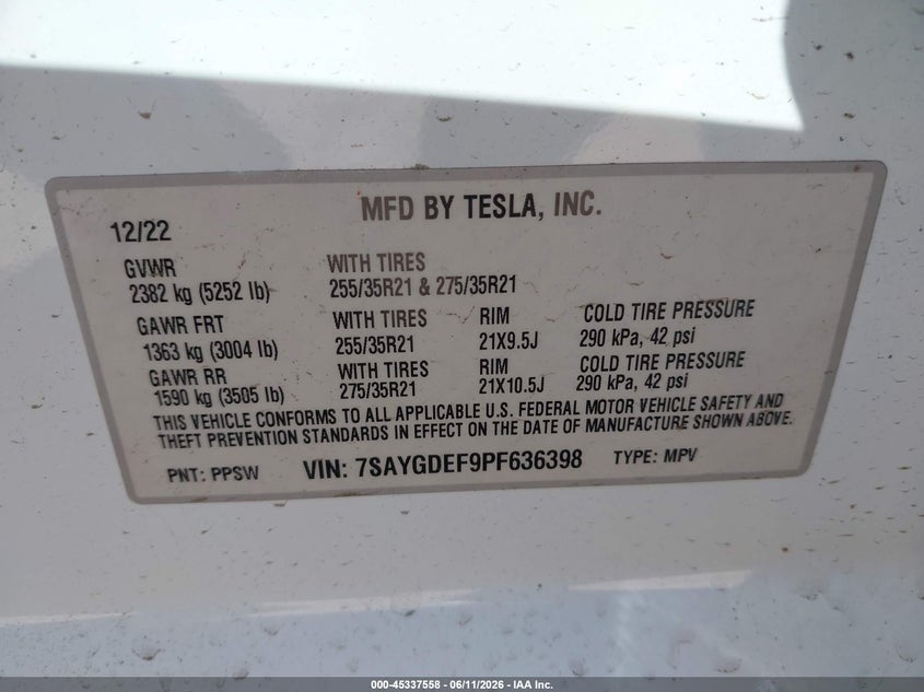 2023 Tesla Model y VIN 7SAYGDEF9PF636398 IAAI salvage auction — LEFT REAR, Wait Title, sold $9,100 on 2026-08-03 (photo 9)