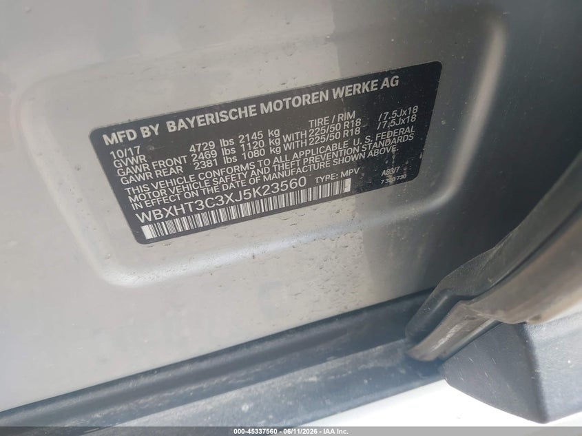 2018 BMW X1 VIN WBXHT3C3XJ5K23560 IAAI salvage auction — RIGHT FRONT, Salvage (Massachusetts), sold $4,050 on 2026-07-17 (photo 9)