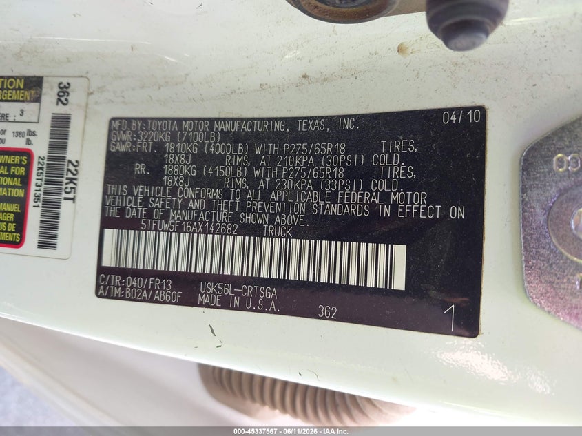 2010 Toyota Tundra VIN 5TFUW5F16AX142682 IAAI salvage auction — FRONT END, Certificate Of Title (Nebraska), sold $3,150 on 2026-07-30 (photo 9)