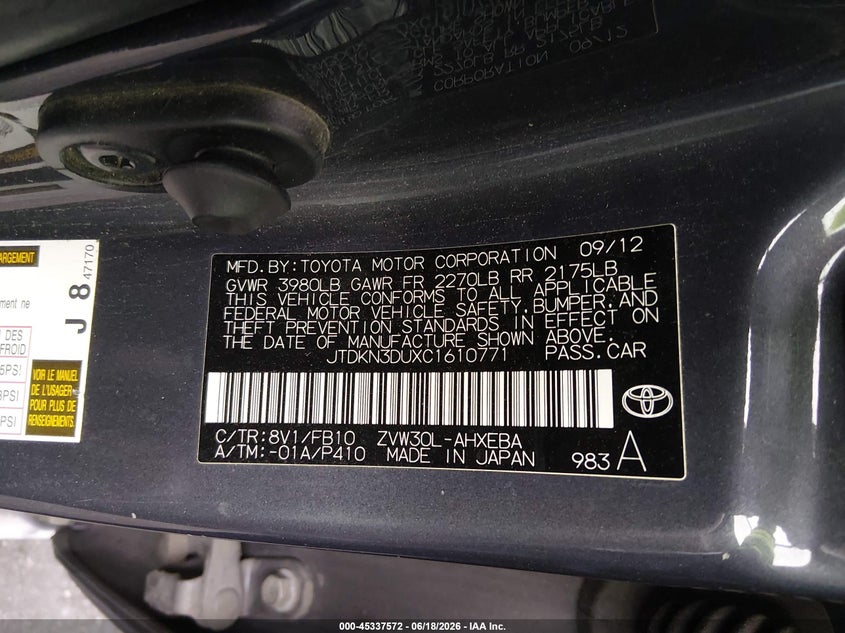 2012 Toyota Prius VIN JTDKN3DUXC1610771 IAAI salvage auction — RIGHT FRONT, Salvage Title, sold $625 on 2026-07-17 (photo 9)