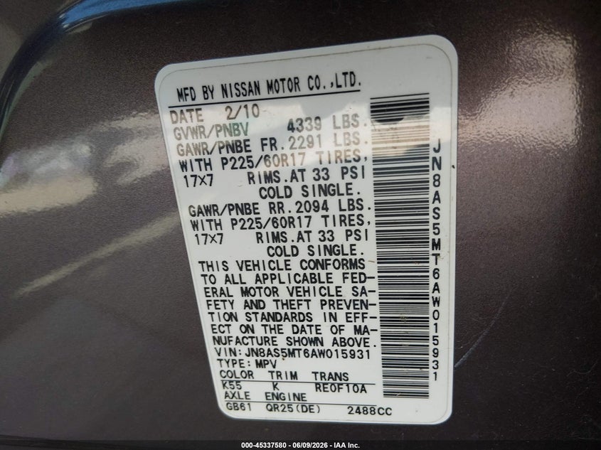 2010 Nissan Rogue VIN JN8AS5MT6AW015931 IAAI salvage auction — FRONT END, Salvage (Texas), sold $500 on 2026-07-28 (photo 9)
