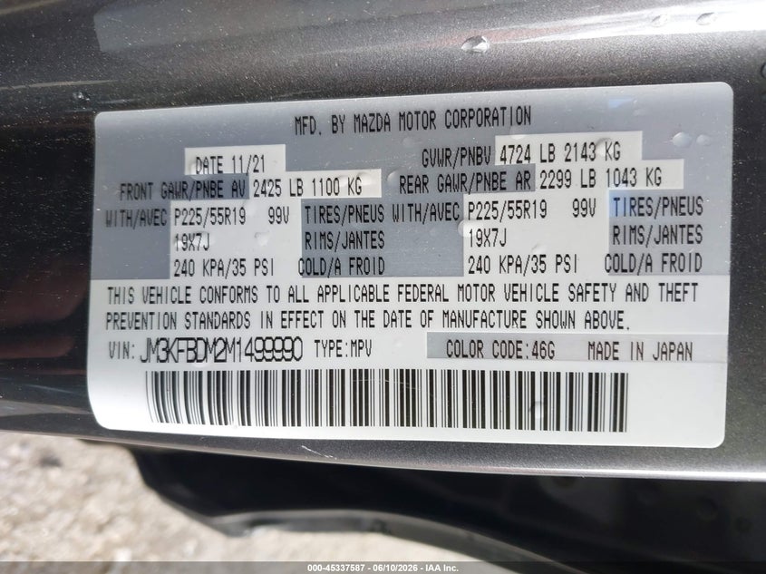 2021 Mazda Cx-5 VIN JM3KFBDM2M1499990 IAAI salvage auction — SIDE, Salvage (Oregon), sold $4,600 on 2026-07-23 (photo 9)