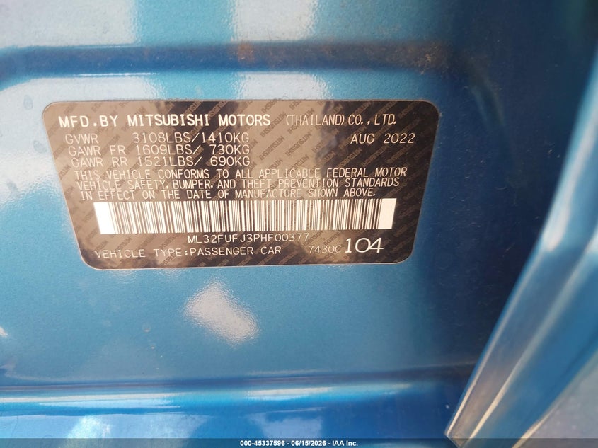 2023 Mitsubishi Mirage VIN ML32FUFJ3PHF00377 IAAI salvage auction — REAR END, Salvage Title, sold $2,800 on 2026-07-21 (photo 9)