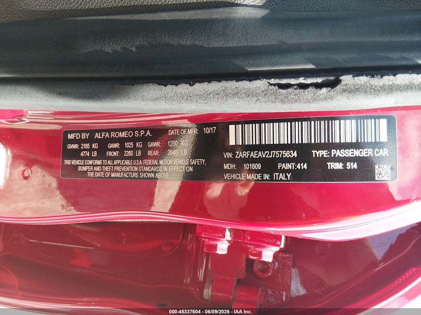 2018 Alfa romeo Giulia VIN ZARFAEAV2J7575634 IAAI salvage auction — FRONT END, Salvage (Missouri), sold $1,000 on 2026-07-28 (photo 9)