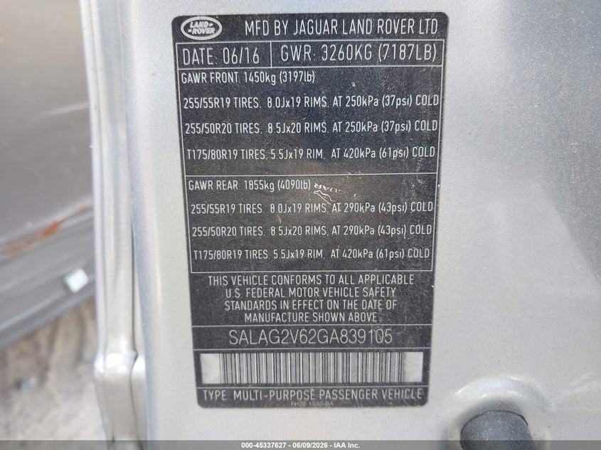 2016 Land rover Lr4 VIN SALAG2V62GA839105 IAAI salvage auction — NORMAL WEAR, Clear (North Carolina), sold $750 on 2026-07-15 (photo 9)