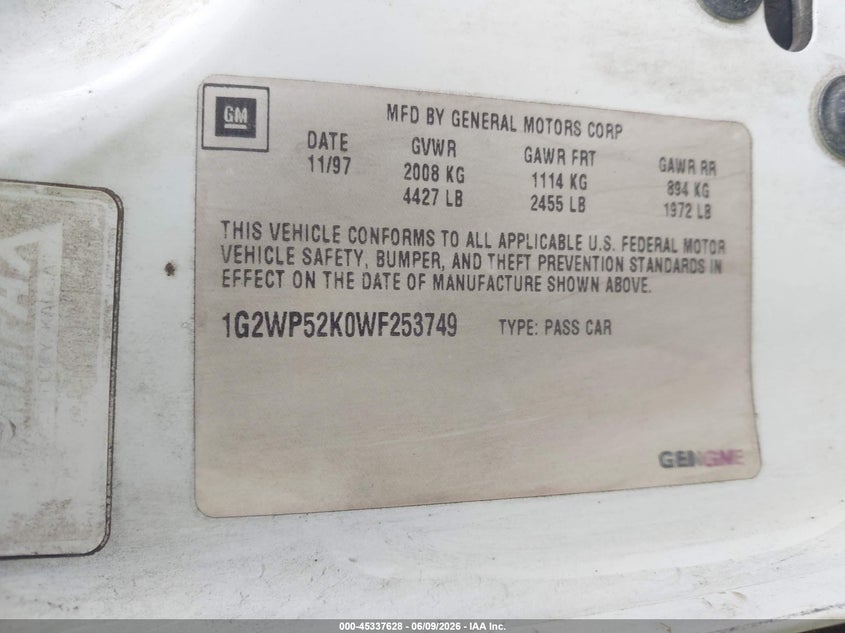 1998 Pontiac Grand prix VIN 1G2WP52K0WF253749 IAAI salvage auction — RIGHT FRONT, Salvage (North Carolina), sold $250 on 2026-07-09 (photo 9)