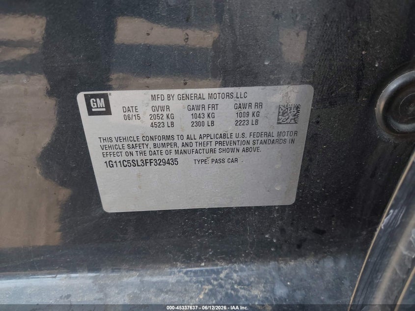 2015 Chevrolet Malibu VIN 1G11C5SL3FF329435 IAAI salvage auction — LEFT SIDE, Salvage Certificate (California), sold $325 on 2026-07-10 (photo 9)