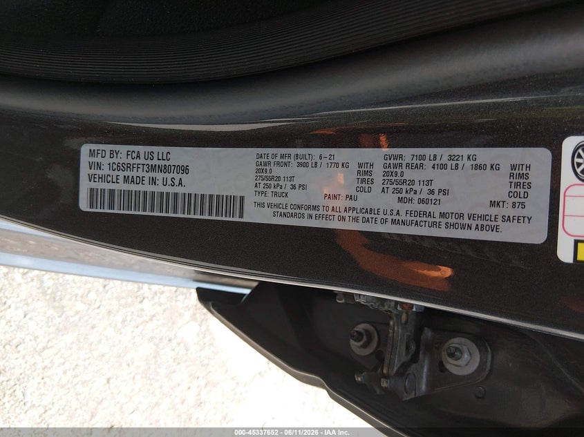 2021 Ram 1500 VIN 1C6SRFFT3MN807096 IAAI salvage auction — FRONT END, Salvage Title, sold $4,150 on 2026-07-19 (photo 9)