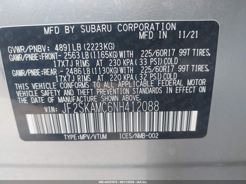 2022 Subaru Forester VIN JF2SKAMC6NH412088 IAAI salvage auction — REAR END, Salvage (Missouri), sold $6,250 on 2026-07-22 (photo 9)