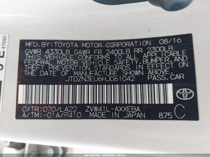 2017 Toyota Prius v VIN JTDZN3EU6HJ061042 IAAI salvage auction — FRONT END, Salvage (California), sold $3,450 on 2026-07-13 (photo 9)