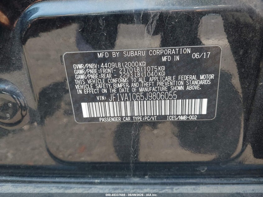 2018 Subaru Wrx VIN JF1VA1C65J9806055 IAAI salvage auction — FRONT END, Salvage (Pennsylvania), sold $3,150 on 2026-07-07 (photo 9)