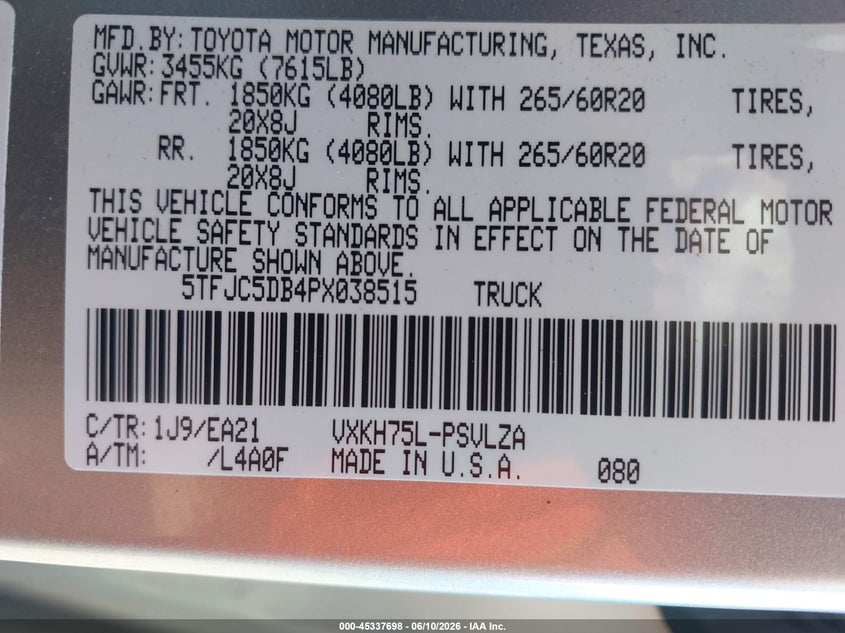 2023 Toyota Tundra VIN 5TFJC5DB4PX038515 IAAI salvage auction — RIGHT SIDE, Clear (Florida), sold $14,800 on 2026-07-07 (photo 9)