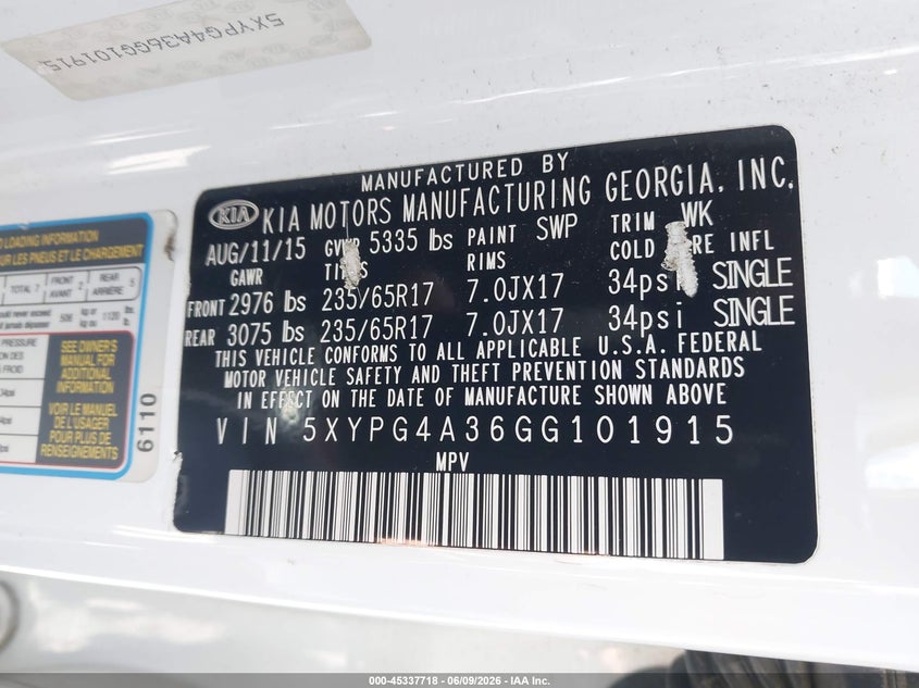 2016 Kia Sorento VIN 5XYPG4A36GG101915 IAAI salvage auction — THEFT, Salvage Title, sold $350 on 2026-07-09 (photo 9)